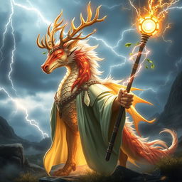 A mystical half-dragon, half-kirin cleric with impressive antlers, exuding a powerful and enchanting aura