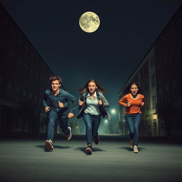 Three college students fleeing in terror across a school campus at night