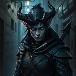 A striking tiefling rogue with mesmerizing blue eyes