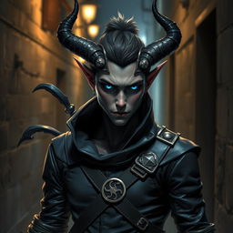 A striking tiefling rogue with mesmerizing blue eyes