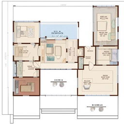 An architectural layout of a two-story home. The ground floor features a hall, a bedroom with an attached bathroom, and a kitchen-dining combination. The first floor includes an open terrace, a French-door bedroom with an ensuite, and a guest room with a built-in wardrobe.