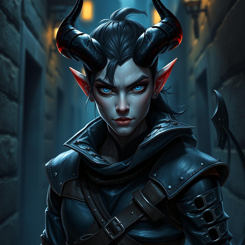 A striking tiefling rogue with mesmerizing blue eyes