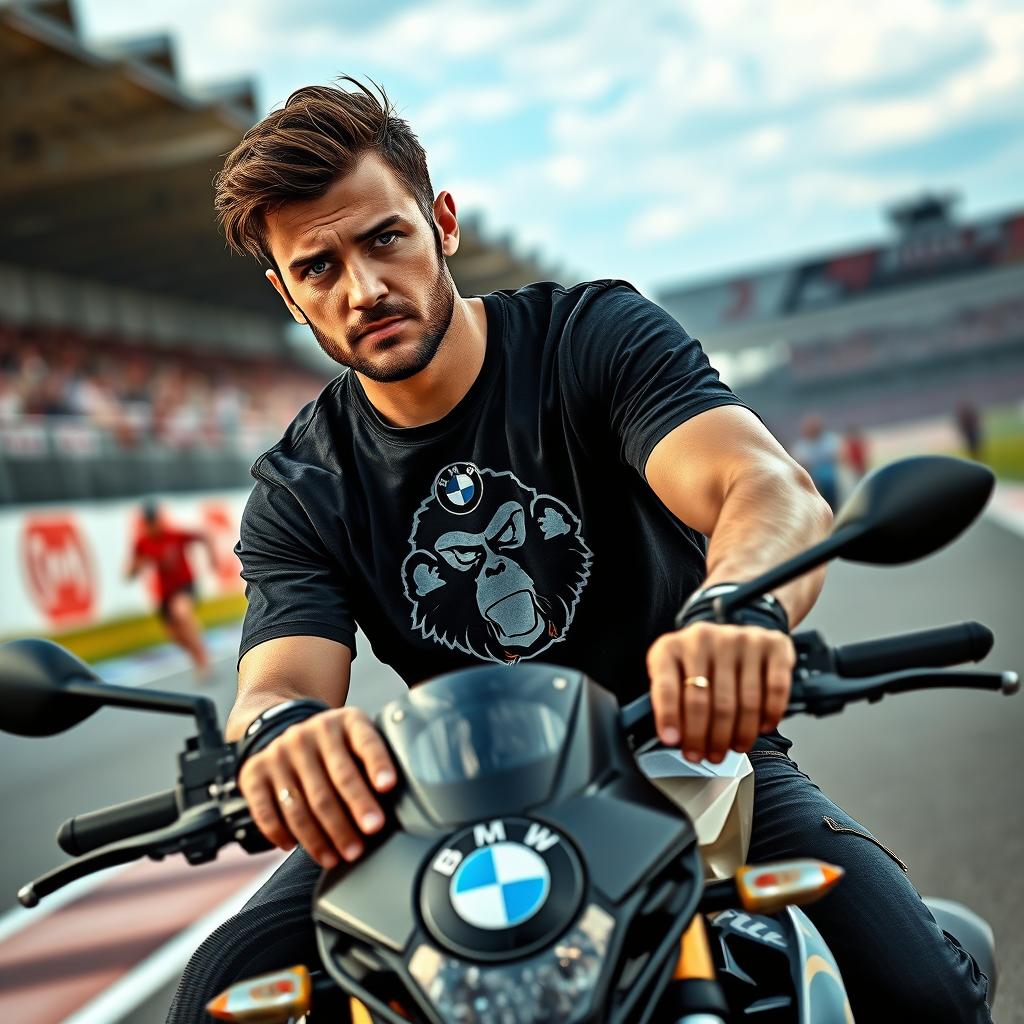 A man sitting confidently on a dual-purpose BMW motorcycle