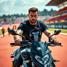 A man sitting confidently on a dual-purpose BMW motorcycle