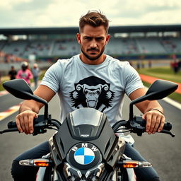 A man sitting confidently on a dual-purpose BMW motorcycle