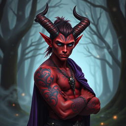 A striking red-skinned male tiefling with piercing blue eyes