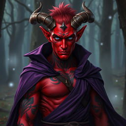 A striking red-skinned male tiefling with piercing blue eyes