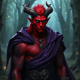 A striking red-skinned male tiefling with piercing blue eyes