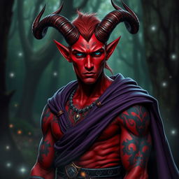 A striking red-skinned male tiefling with piercing blue eyes