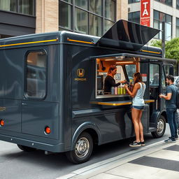 1996 Honda Acty converted into a striking food truck, specializing in protein shakes, with a sleek dark grey exterior complemented by elegant gold trimming