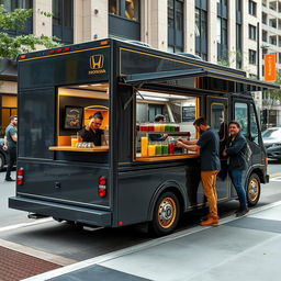 1996 Honda Acty converted into a striking food truck, specializing in protein shakes, with a sleek dark grey exterior complemented by elegant gold trimming