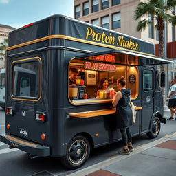 1996 Honda Acty converted into a striking food truck, specializing in protein shakes, with a sleek dark grey exterior complemented by elegant gold trimming