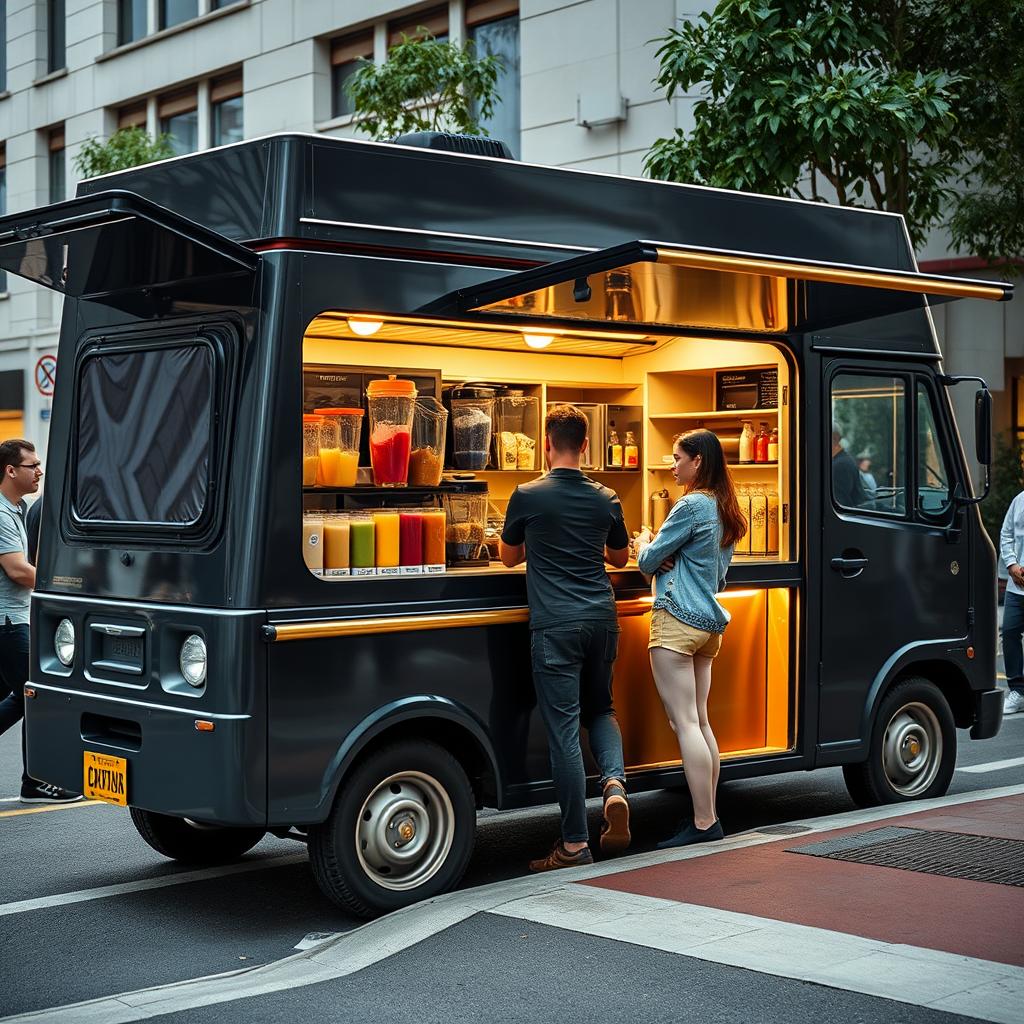 1996 Honda Acty converted into a striking food truck, specializing in protein shakes, with a sleek dark grey exterior complemented by elegant gold trimming