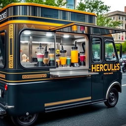 1996 Honda Acty food truck serving protein shakes, elegantly styled in dark grey with sophisticated gold trimming