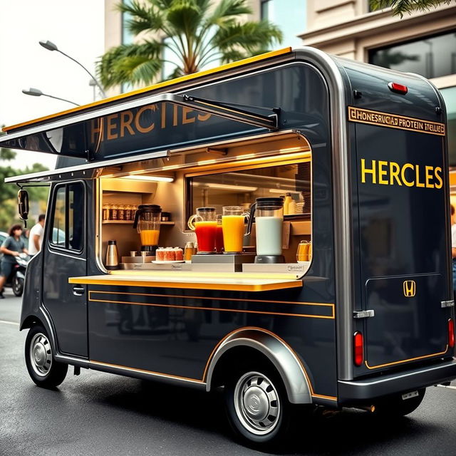 1996 Honda Acty food truck serving protein shakes, elegantly styled in dark grey with sophisticated gold trimming