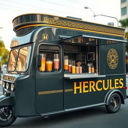 1996 Honda Acty food truck serving protein shakes, elegantly styled in dark grey with sophisticated gold trimming