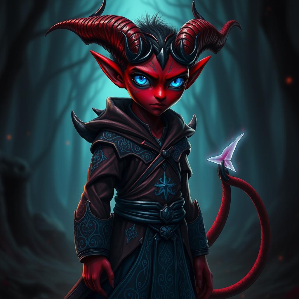 A dark red tiefling with a medium-short stature and striking blue eyes, standing with an air of mystery and intrigue