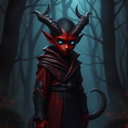 A dark red tiefling with a medium-short stature and striking blue eyes, standing with an air of mystery and intrigue