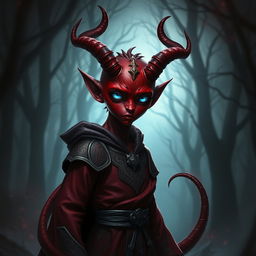 A dark red tiefling with a medium-short stature and striking blue eyes, standing with an air of mystery and intrigue