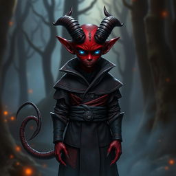 A dark red tiefling with a medium-short stature and striking blue eyes, standing with an air of mystery and intrigue