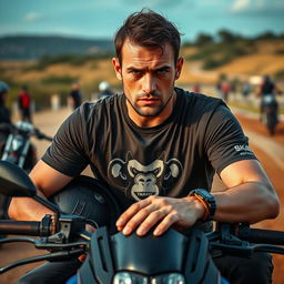 A man sitting on a dual-purpose motorcycle, holding his helmet while looking tired and sweaty