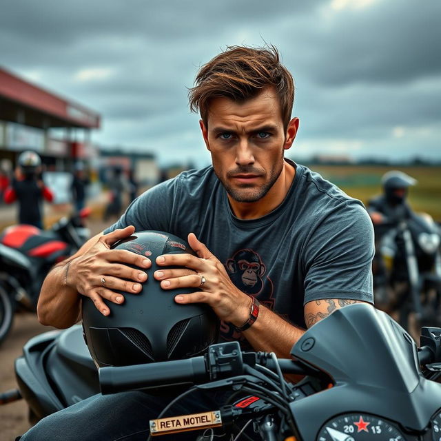 A man sitting on a dual-purpose motorcycle, holding his helmet while looking tired and sweaty