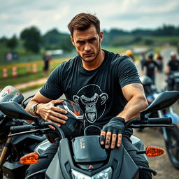 A man sitting on a dual-purpose motorcycle, holding his helmet while looking tired and sweaty