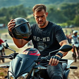 A man sitting on a dual-purpose motorcycle, holding his helmet while looking tired and sweaty