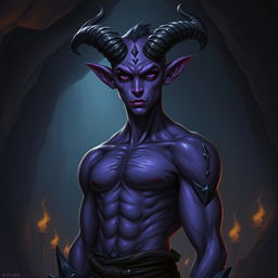 A purple-skinned male tiefling standing confidently