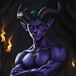 A purple-skinned male tiefling standing confidently