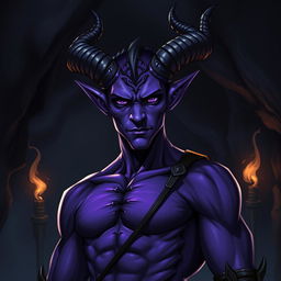 A purple-skinned male tiefling standing confidently