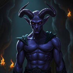 A purple-skinned male tiefling standing confidently