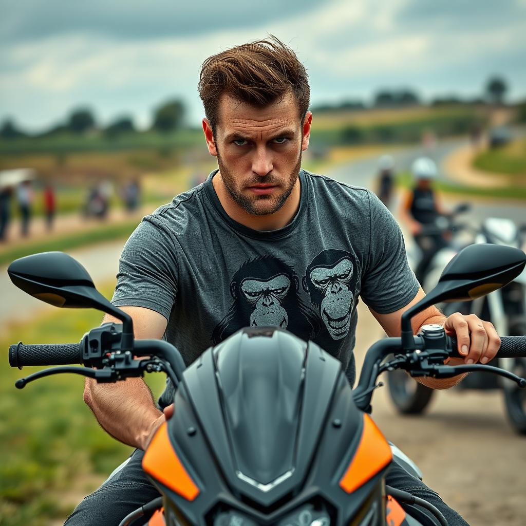 A man sitting on a dual-purpose motorcycle, holding his helmet and appearing tired and sweaty