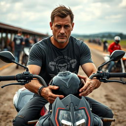 A man sitting on a dual-purpose motorcycle, holding his helmet and appearing tired and sweaty