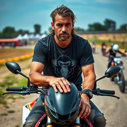 A man sitting on a dual-purpose motorcycle, holding his helmet and appearing tired and sweaty