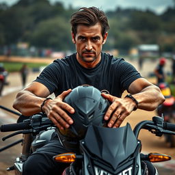 A man sitting on a dual-purpose motorcycle, holding his helmet and appearing tired and sweaty