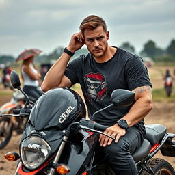 A man sitting on a dual-purpose motorcycle, holding his helmet and appearing tired and sweaty, wearing a biker t-shirt with a monkey logo seen wet from sweat, complemented by motorcycle gear