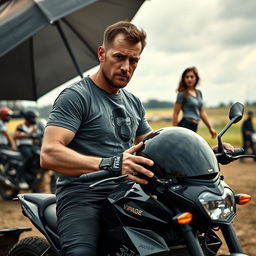 A man sitting on a dual-purpose motorcycle, holding his helmet and appearing tired and sweaty, wearing a biker t-shirt with a monkey logo seen wet from sweat, complemented by motorcycle gear