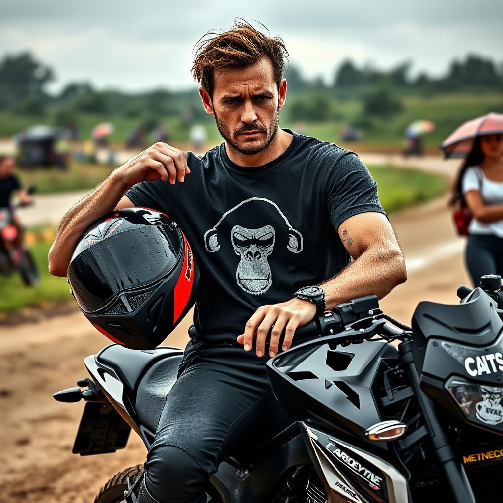 A man sitting on a dual-purpose motorcycle, holding his helmet and appearing tired and sweaty, wearing a biker t-shirt with a monkey logo seen wet from sweat, complemented by motorcycle gear