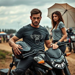 A man sitting on a dual-purpose motorcycle, holding his helmet and appearing tired and sweaty, wearing a biker t-shirt with a monkey logo seen wet from sweat, complemented by motorcycle gear