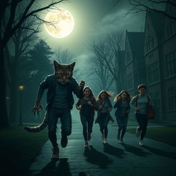 A cat-man, with feline features and a humanoid body, stealthily stalking three college students on a moonlit school campus