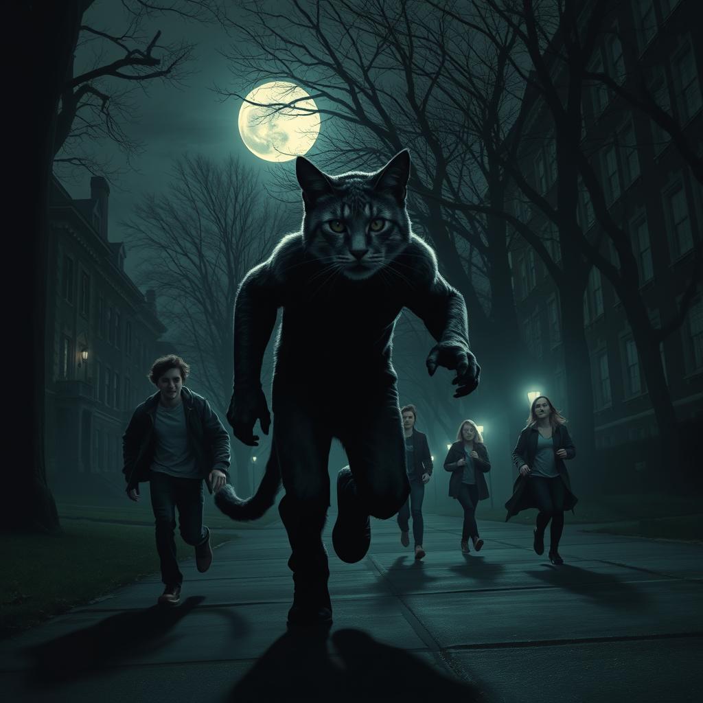 A cat-man, with feline features and a humanoid body, stealthily stalking three college students on a moonlit school campus