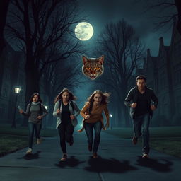 A cat-man, with feline features and a humanoid body, stealthily stalking three college students on a moonlit school campus