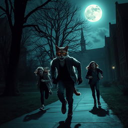 A cat-man, with feline features and a humanoid body, stealthily stalking three college students on a moonlit school campus