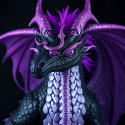 A warlock dragonborn with a stunning color transformation from black to pearlescent purple scales