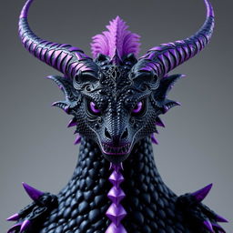 A warlock dragonborn with a stunning color transformation from black to pearlescent purple scales