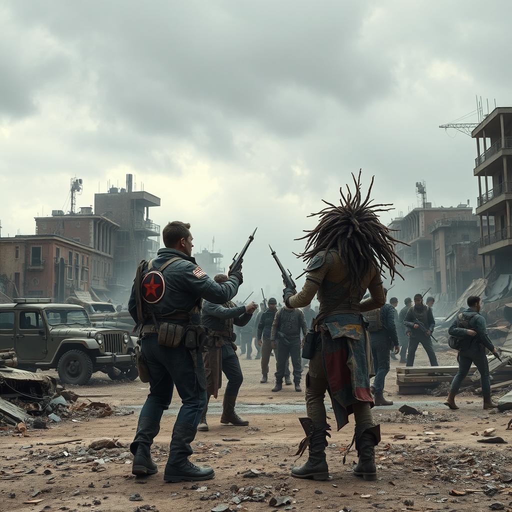 A dystopian post-apocalyptic world depicting the aftermath of World War 3, where the far-left factions battle against widespread societal degradation