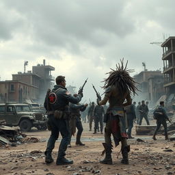 A dystopian post-apocalyptic world depicting the aftermath of World War 3, where the far-left factions battle against widespread societal degradation