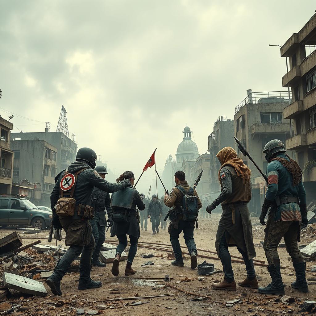 A dystopian post-apocalyptic world depicting the aftermath of World War 3, where the far-left factions battle against widespread societal degradation