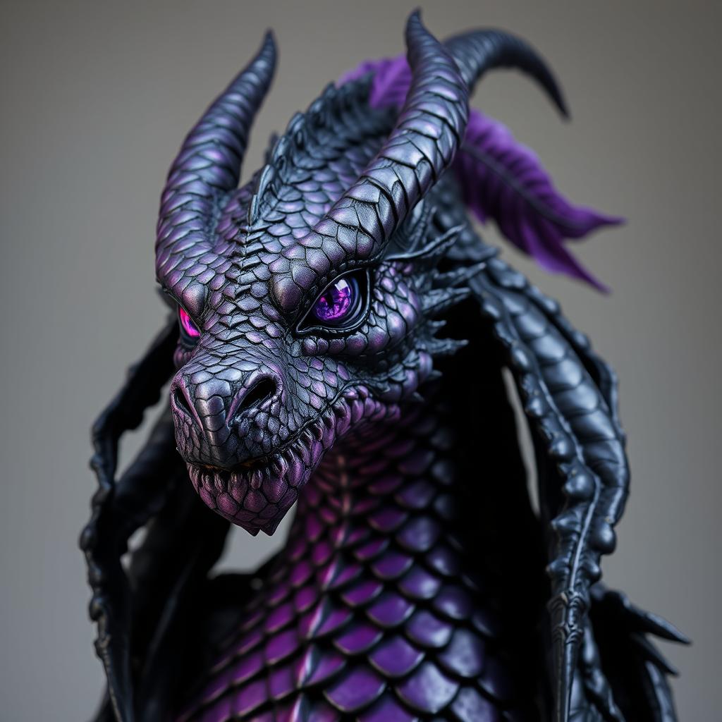 A DnD dragonborn warlock with scales transitioning from black to pearlescent purple, capturing the magical essence of a fantasy realm